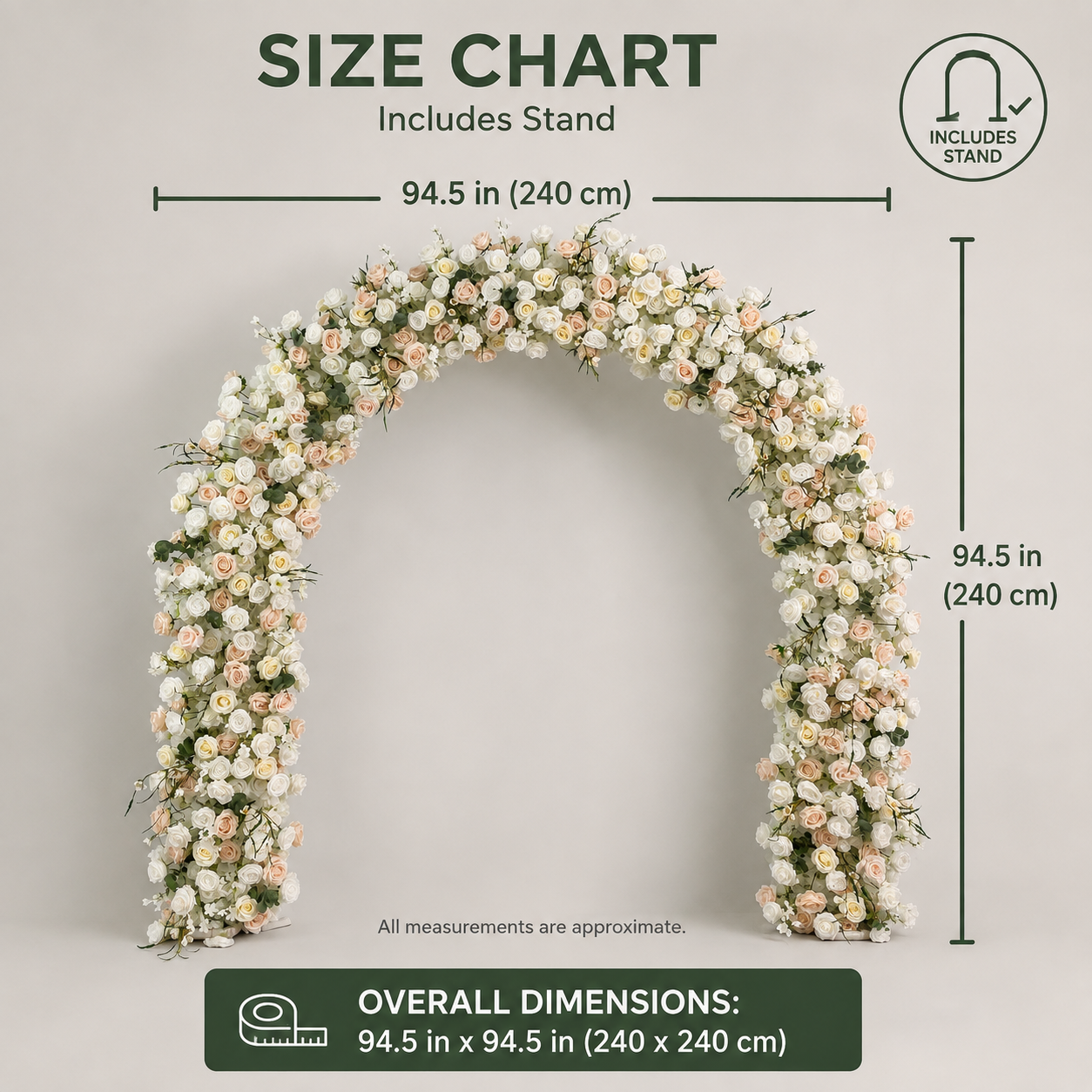Curved Ivory & Blush Flower Arch 94.5 in with Stand, Wedding Backdrop