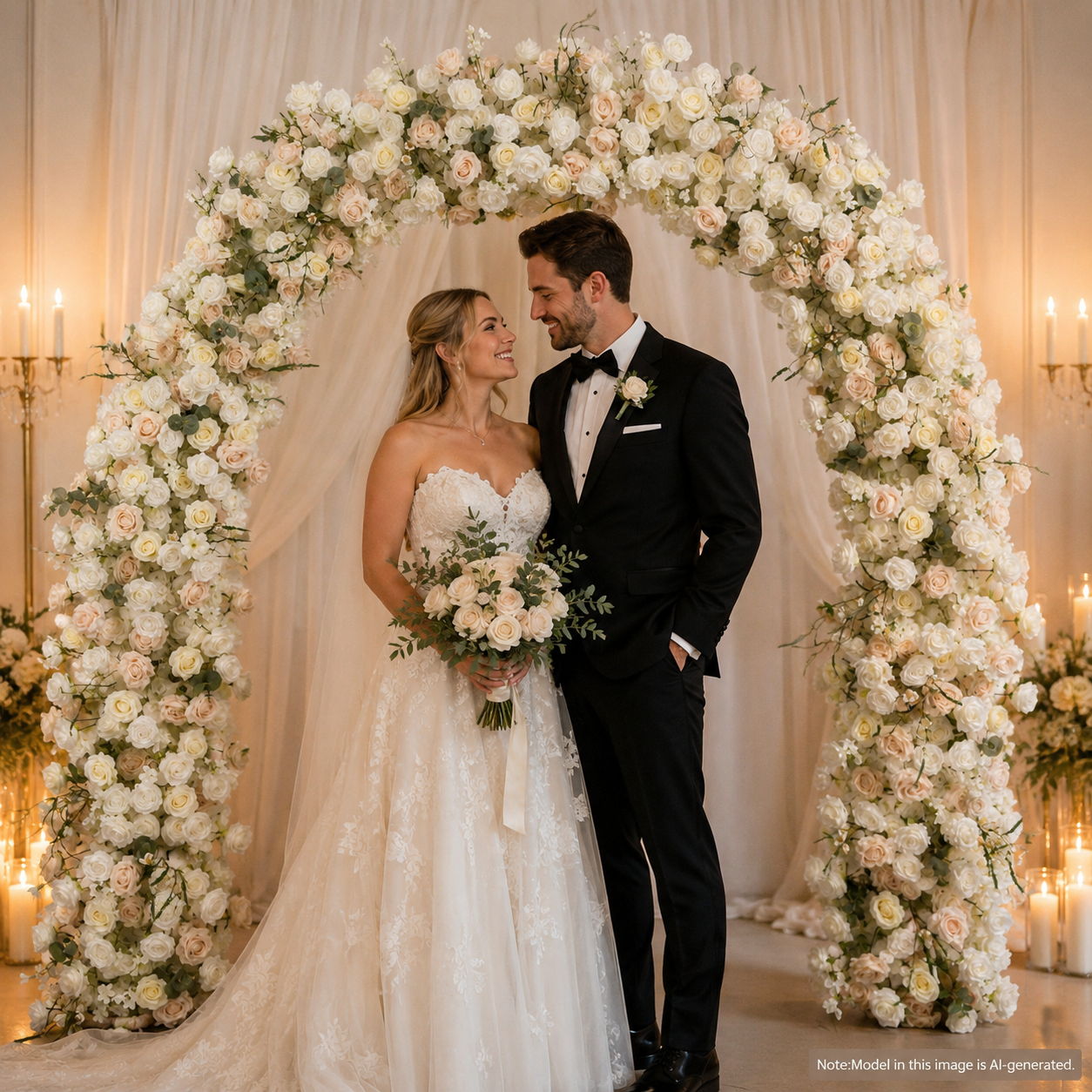 Curved Ivory & Blush Flower Arch 94.5 in with Stand, Wedding Backdrop
