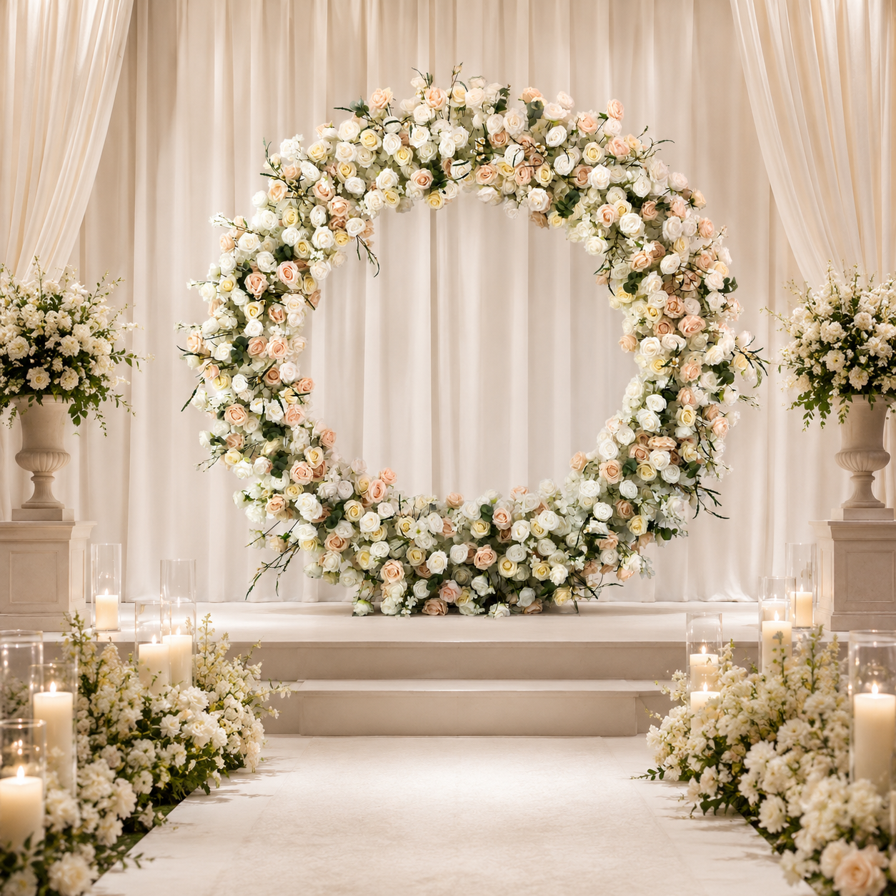 Round Ivory & Blush Flower Arch 86.6 in with Stand, Event Backdrop