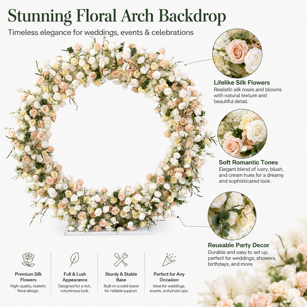 Round Ivory & Blush Flower Arch 86.6 in with Stand, Event Backdrop