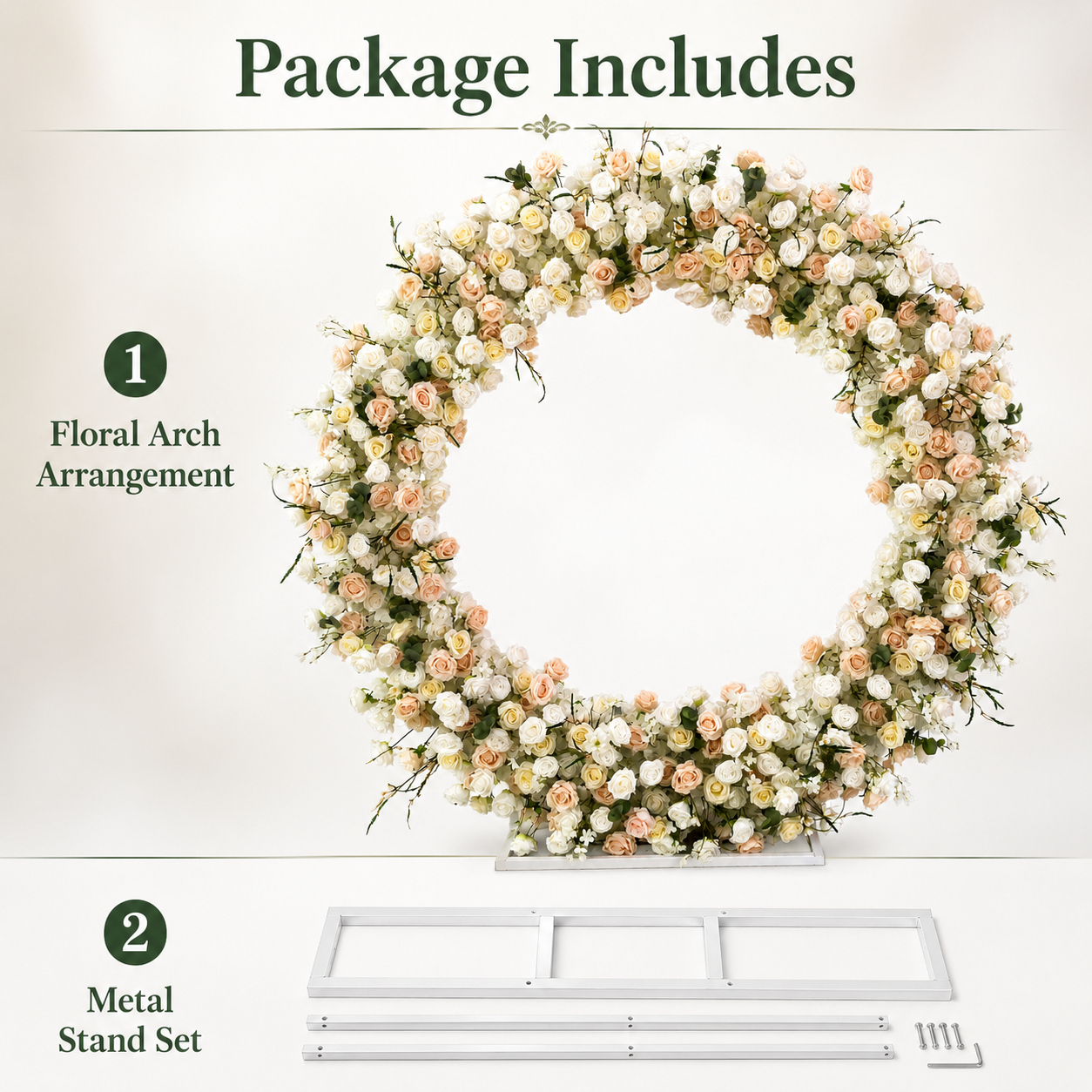 Round Ivory & Blush Flower Arch 86.6 in with Stand, Event Backdrop