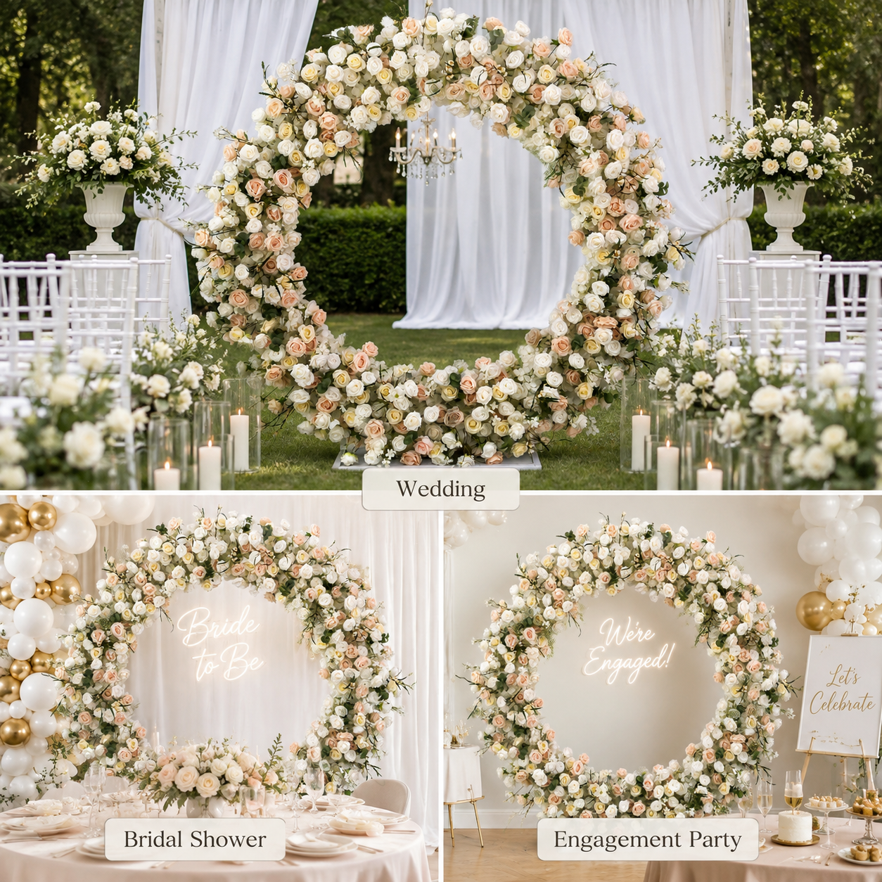 Round Ivory & Blush Flower Arch 86.6 in with Stand, Event Backdrop