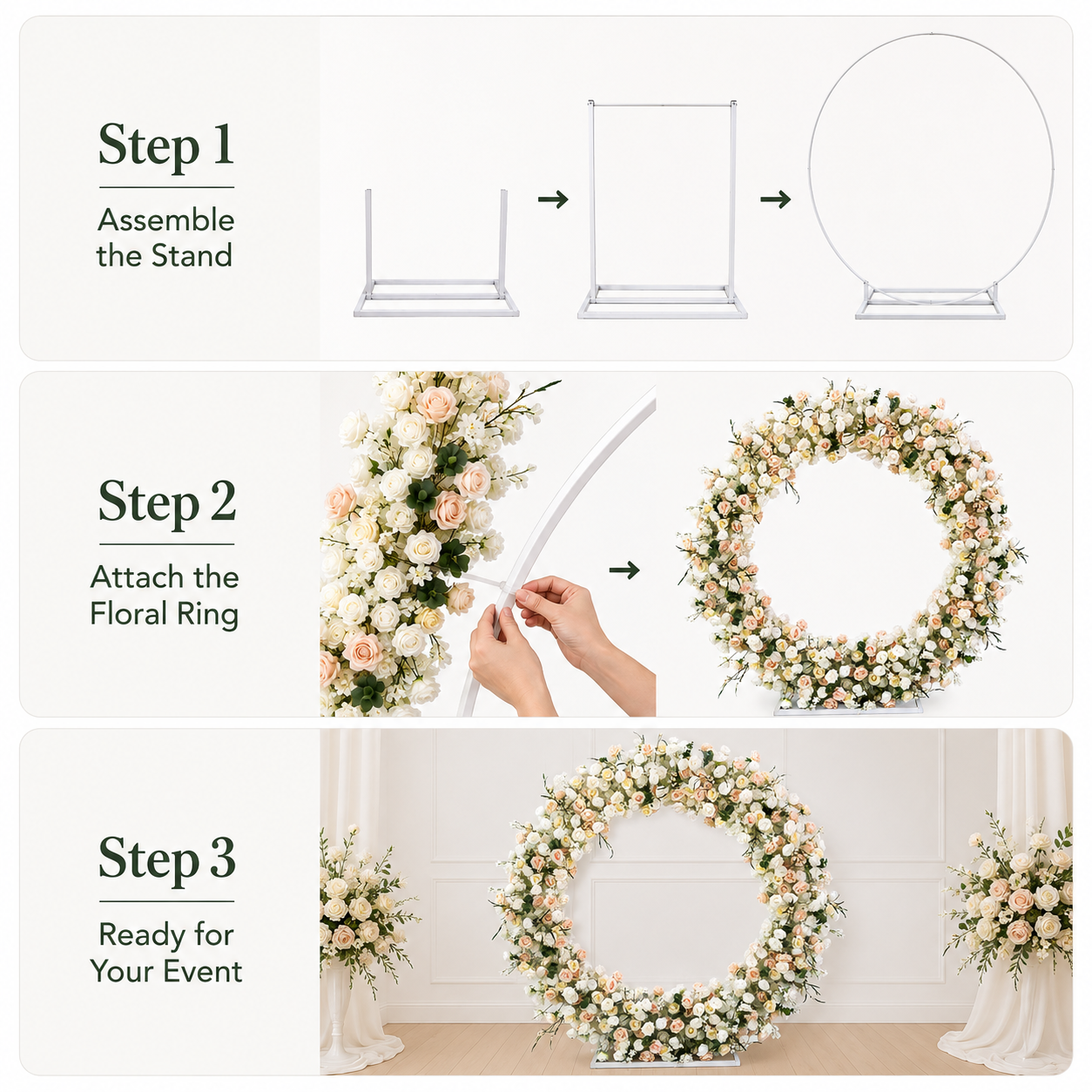 Round Ivory & Blush Flower Arch 86.6 in with Stand, Event Backdrop