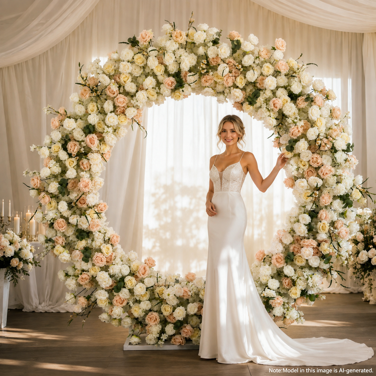 Round Ivory & Blush Flower Arch 86.6 in with Stand, Event Backdrop