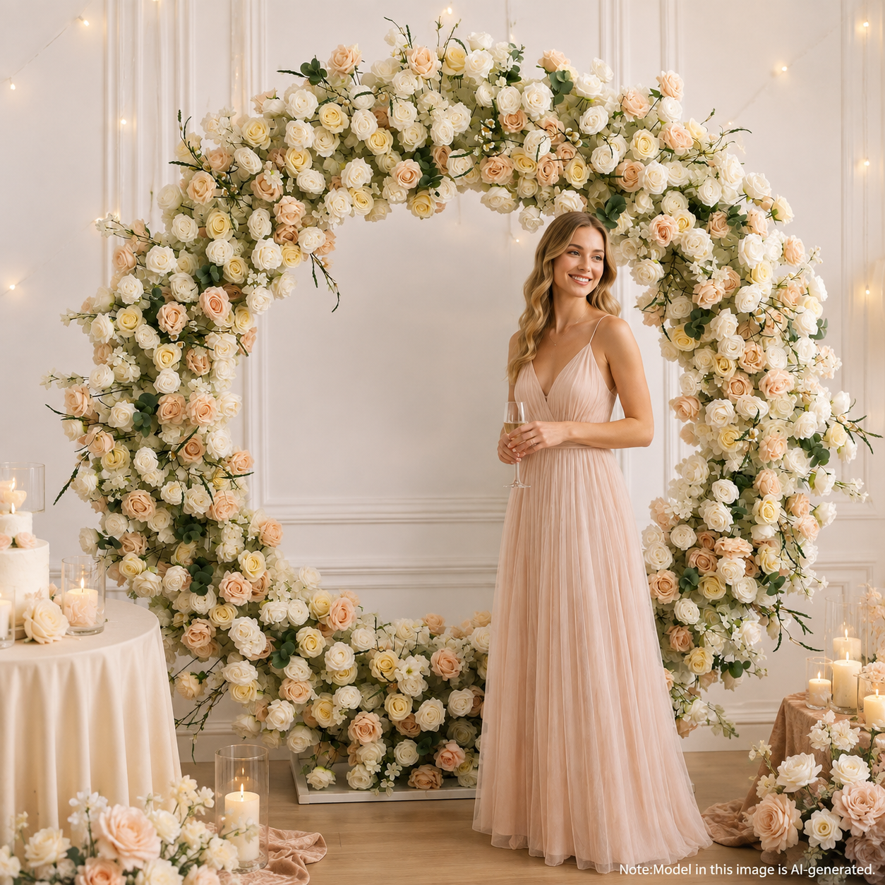 Round Ivory & Blush Flower Arch 86.6 in with Stand, Event Backdrop