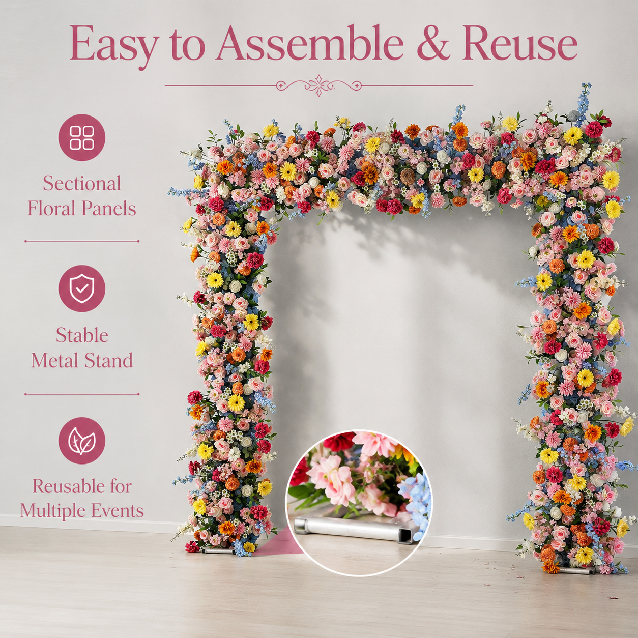 Square Artificial Flower Arch with Stand, 94.5 in, Wedding Backdrop