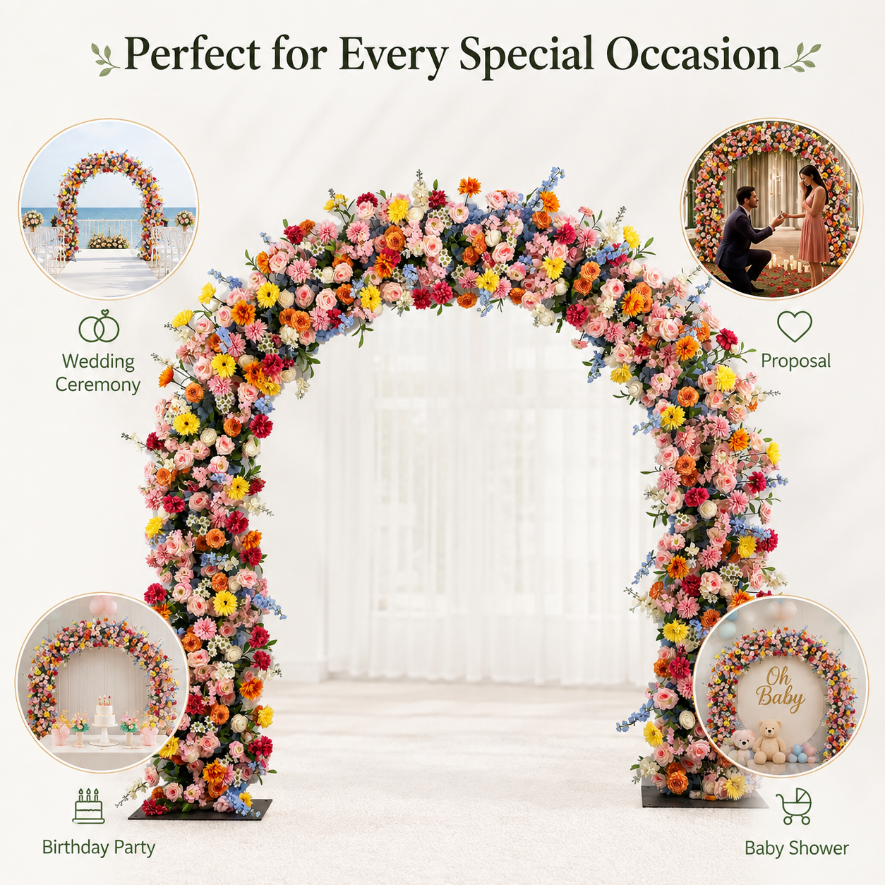 Rounded Top Artificial Flower Arch with Stand, 94.5 in, Wedding Backdrop