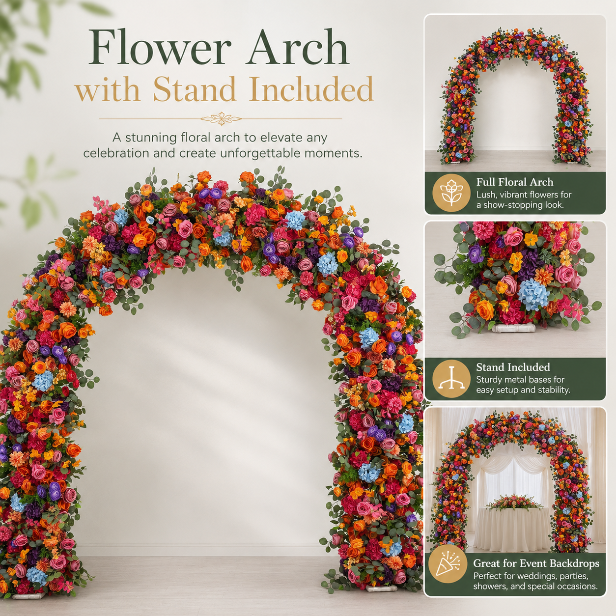 Multicolor Round Top Flower Arch with Stand, 94.5 in, Wedding Backdrop