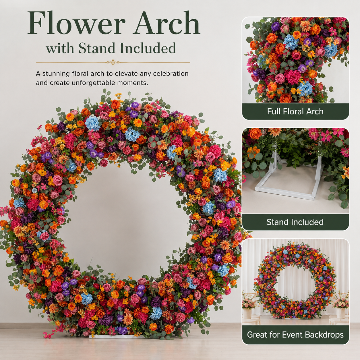 Multicolor Circle Flower Arch with Stand, 86.6 in, Wedding Party Backdrop