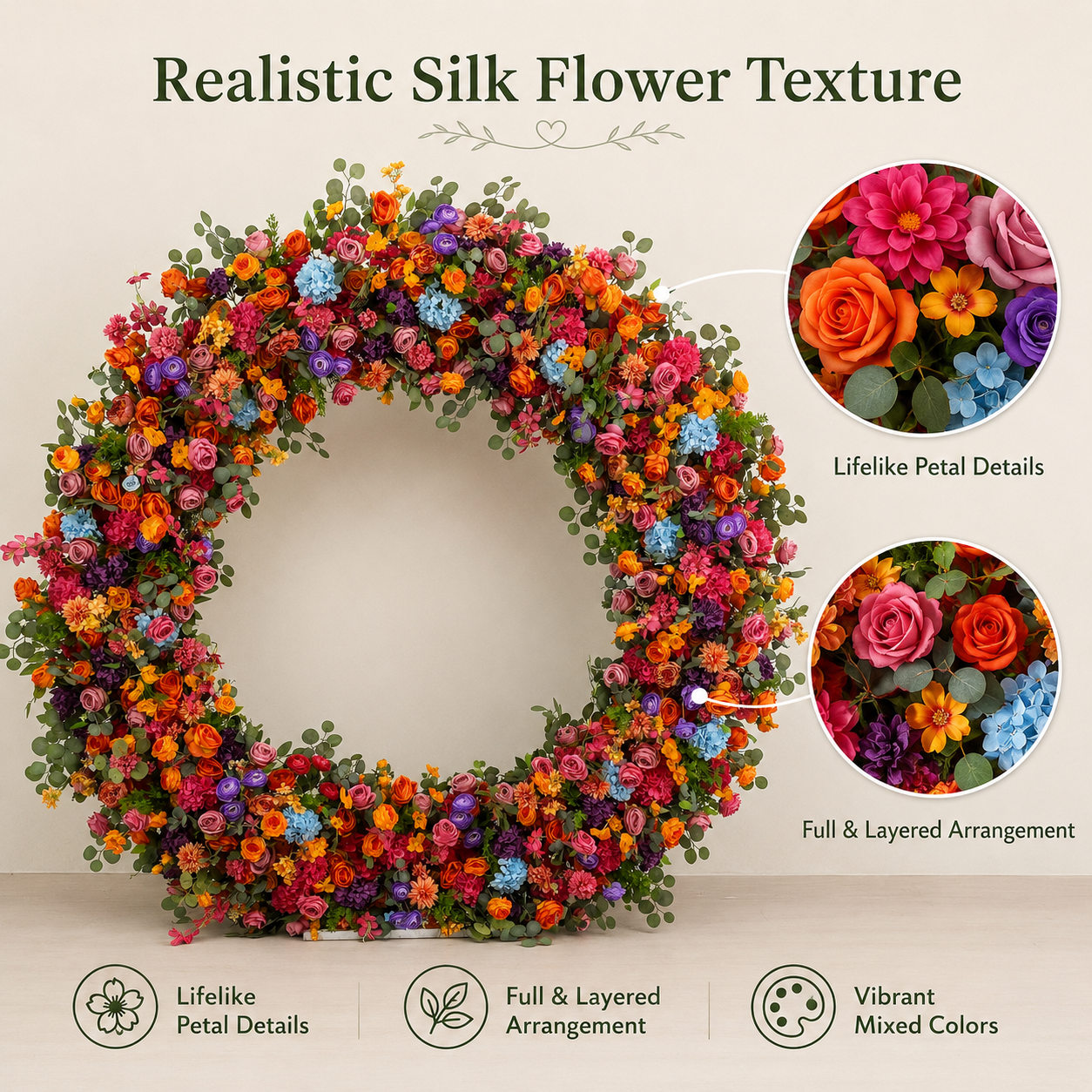 Multicolor Circle Flower Arch with Stand, 86.6 in, Wedding Party Backdrop
