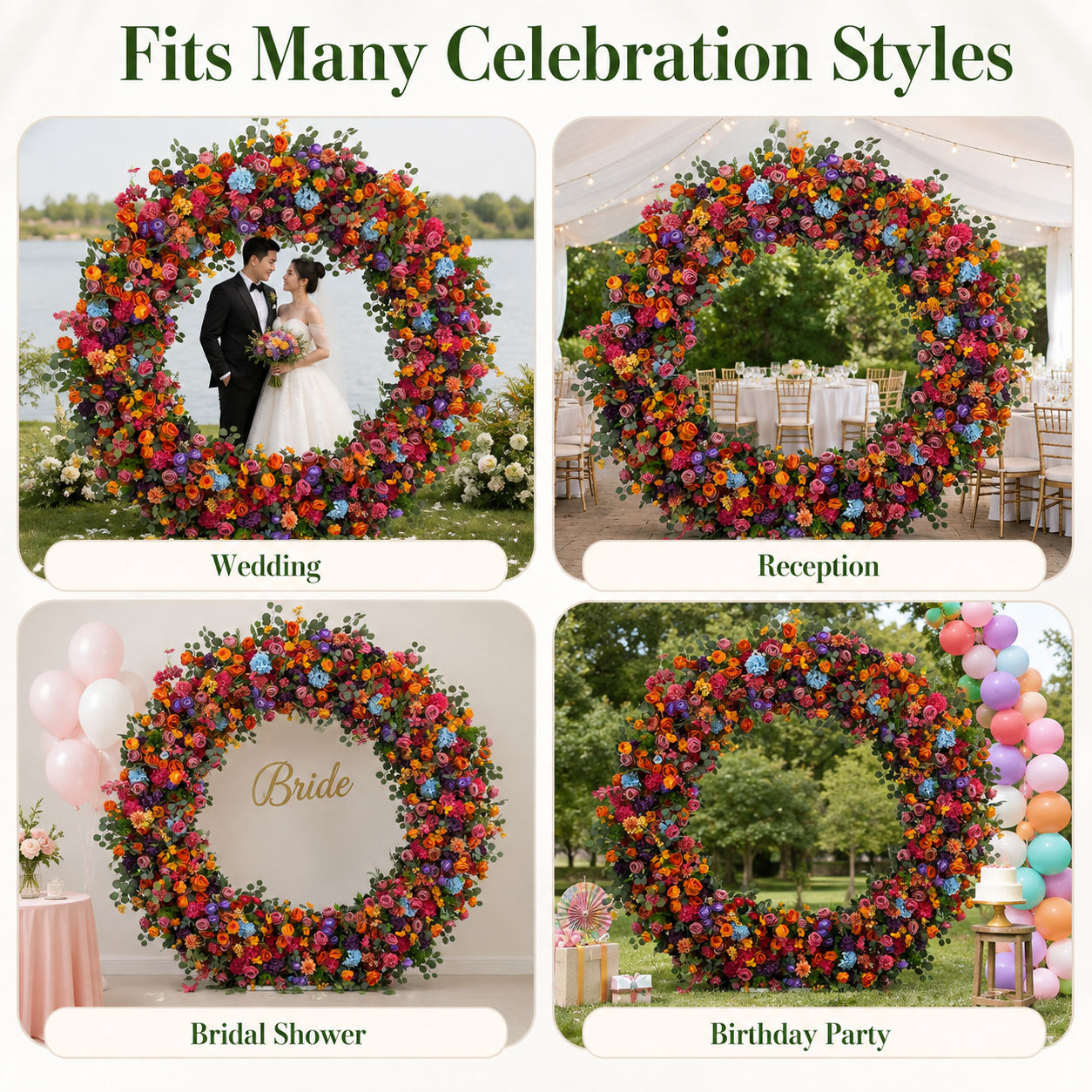 Multicolor Circle Flower Arch with Stand, 86.6 in, Wedding Party Backdrop