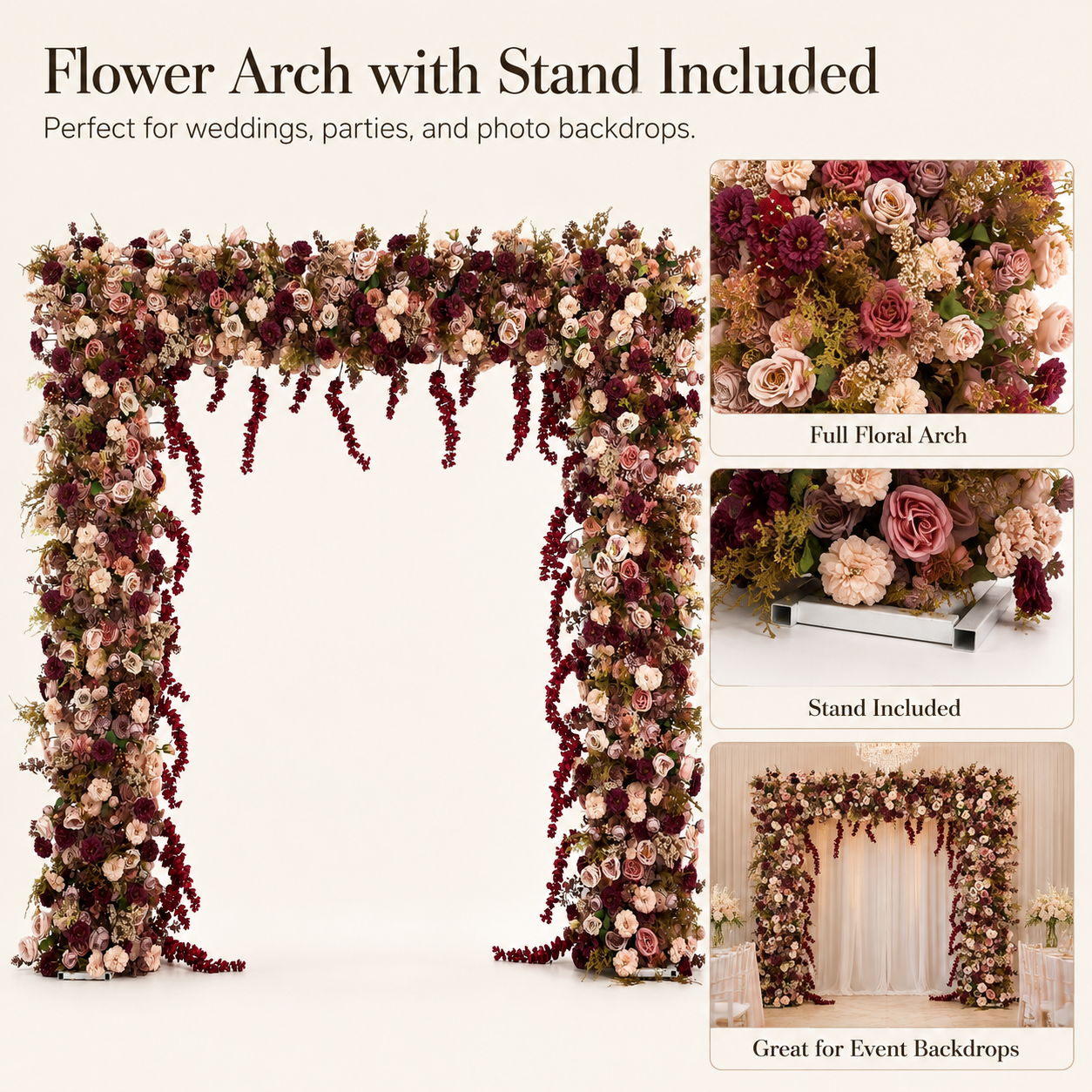 Square Artificial Flower Arch with Stand, 94.5 x 94.5 in, Wedding Backdrop