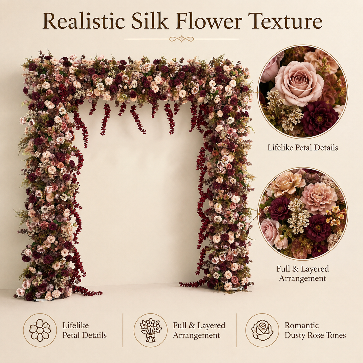 Square Artificial Flower Arch with Stand, 94.5 x 94.5 in, Wedding Backdrop