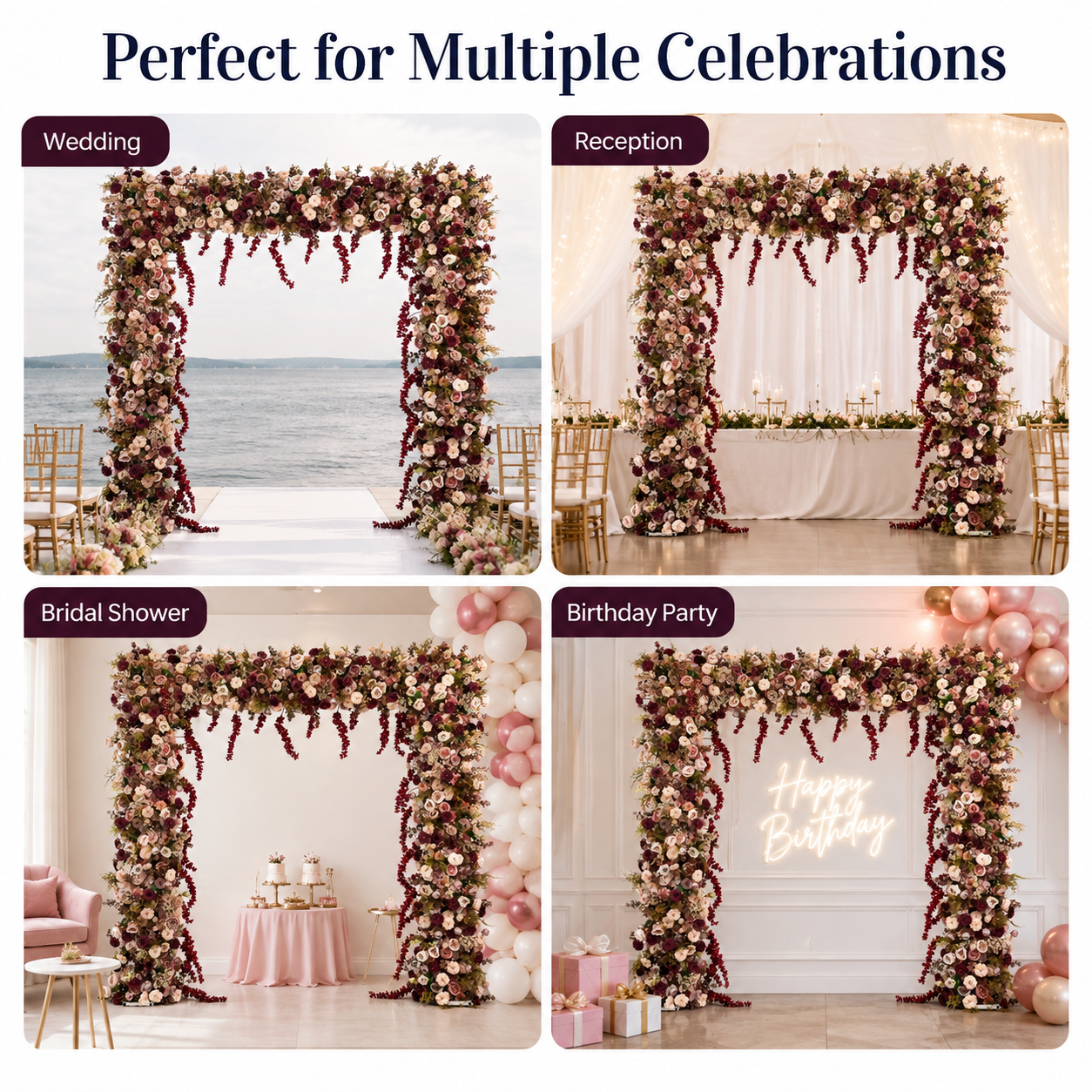 Square Artificial Flower Arch with Stand, 94.5 x 94.5 in, Wedding Backdrop