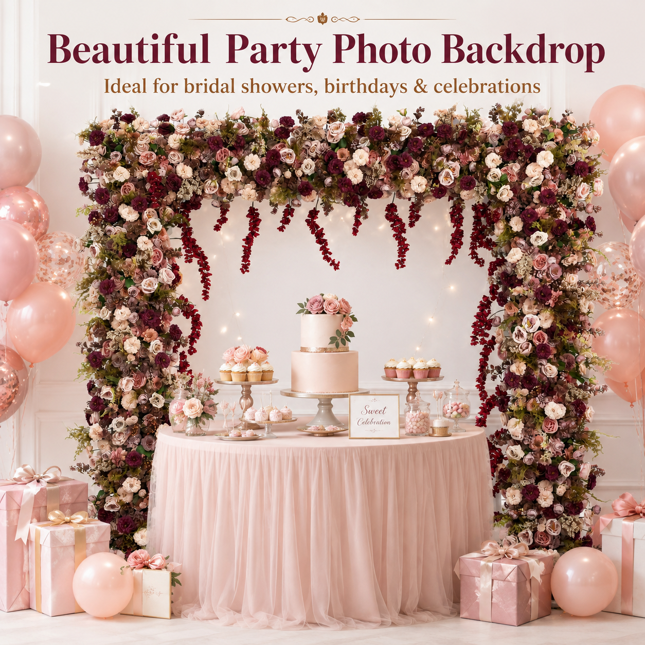 Square Artificial Flower Arch with Stand, 94.5 x 94.5 in, Wedding Backdrop