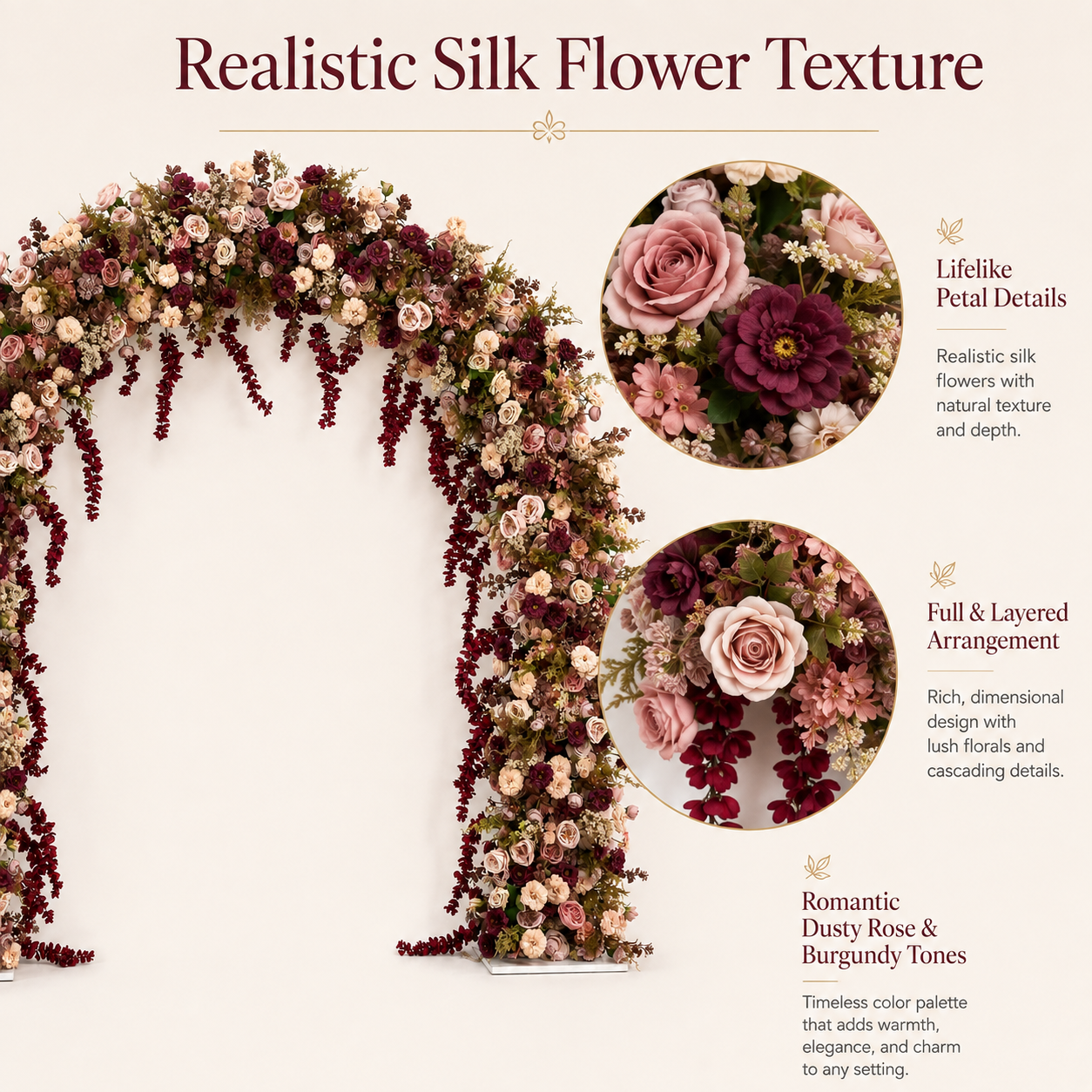Round-Top Artificial Flower Arch with Stand, 94.5 x 94.5 in, Wedding Backdrop