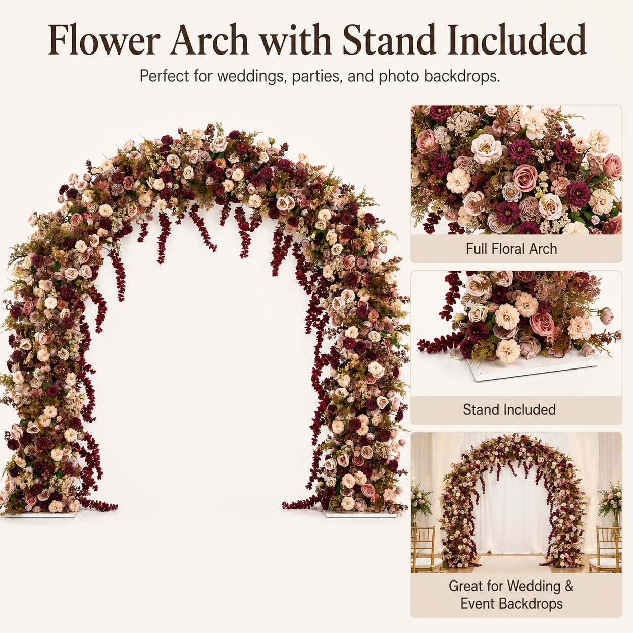 Round-Top Artificial Flower Arch with Stand, 94.5 x 94.5 in, Wedding Backdrop