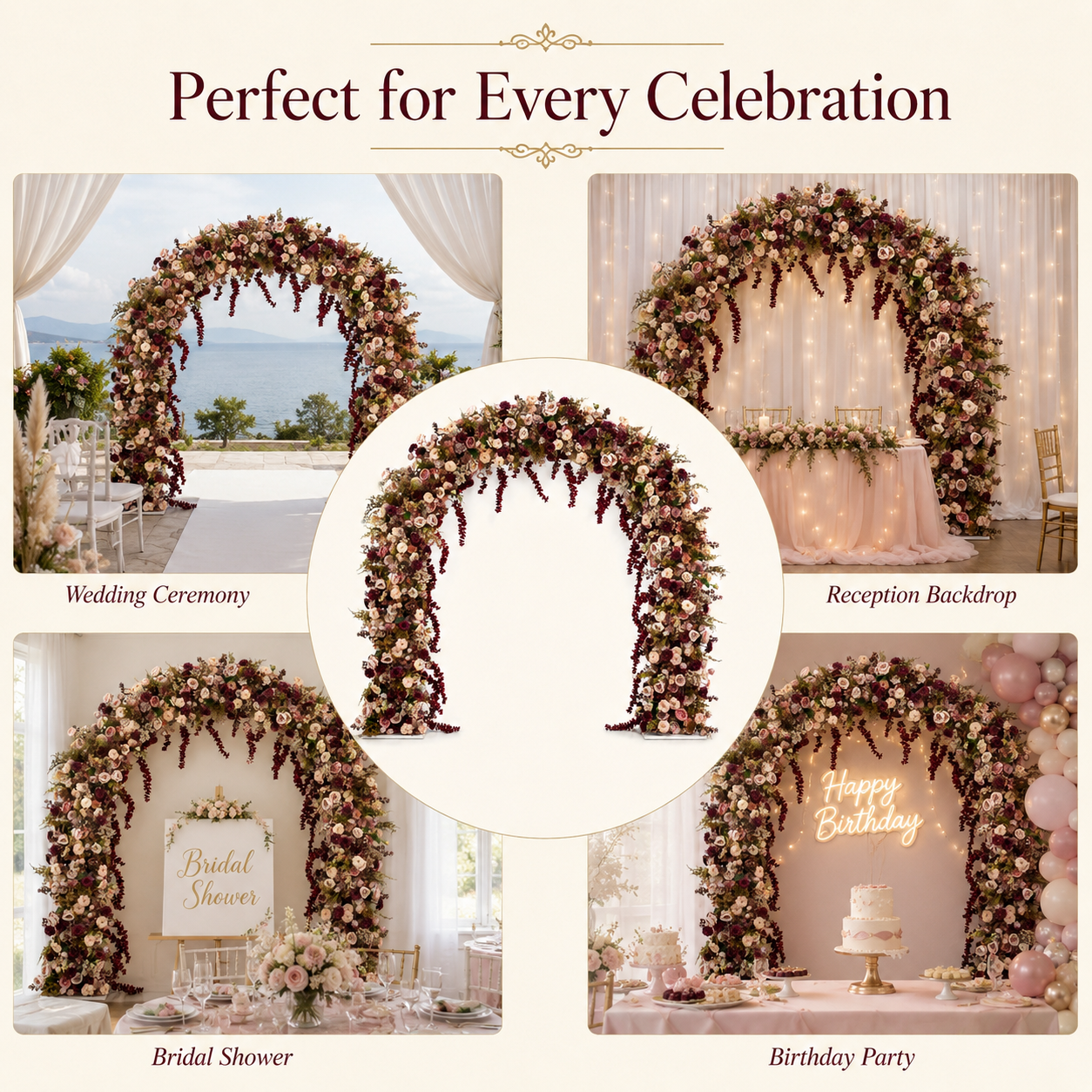 Round-Top Artificial Flower Arch with Stand, 94.5 x 94.5 in, Wedding Backdrop