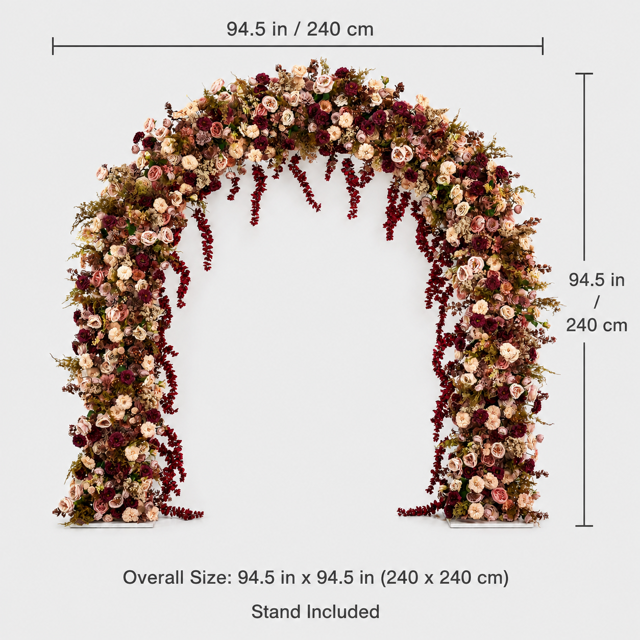 Round-Top Artificial Flower Arch with Stand, 94.5 x 94.5 in, Wedding Backdrop
