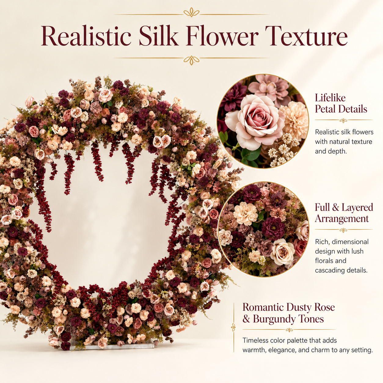 Circle Artificial Flower Arch with Stand, 87 x 87 in, Wedding Backdrop