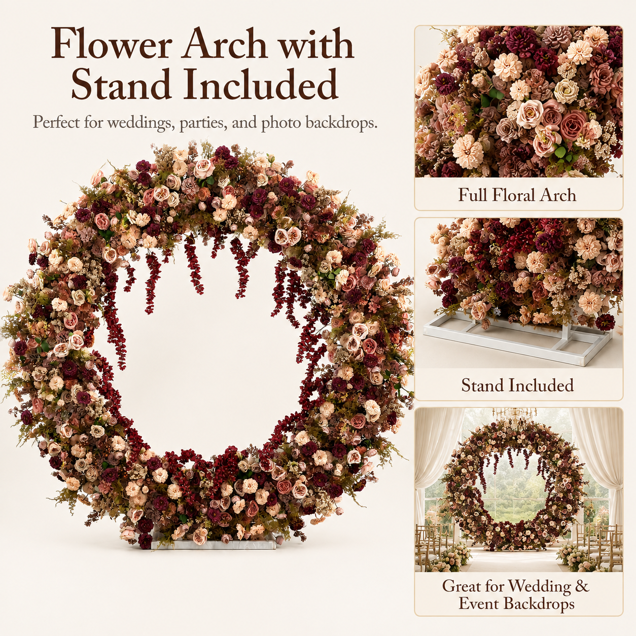 Circle Artificial Flower Arch with Stand, 87 x 87 in, Wedding Backdrop