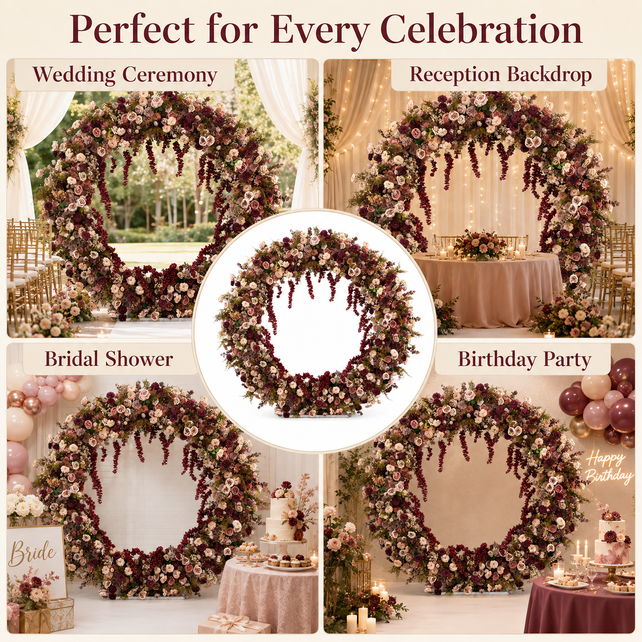 Circle Artificial Flower Arch with Stand, 87 x 87 in, Wedding Backdrop