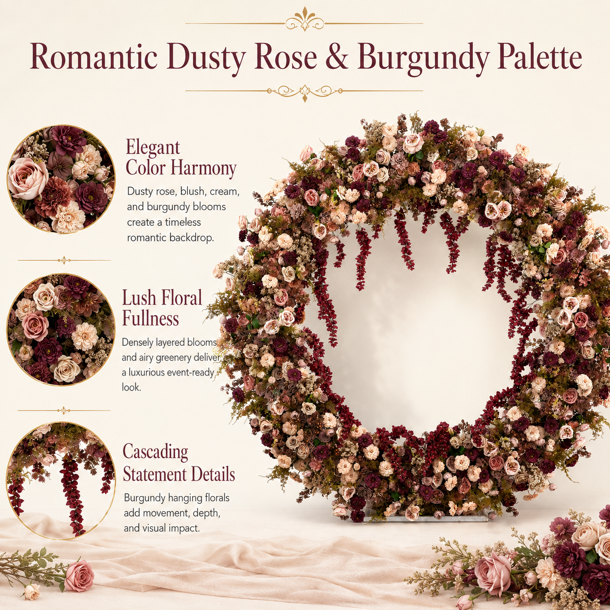 Circle Artificial Flower Arch with Stand, 87 x 87 in, Wedding Backdrop