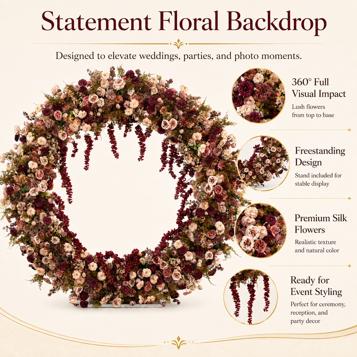 Circle Artificial Flower Arch with Stand, 87 x 87 in, Wedding Backdrop
