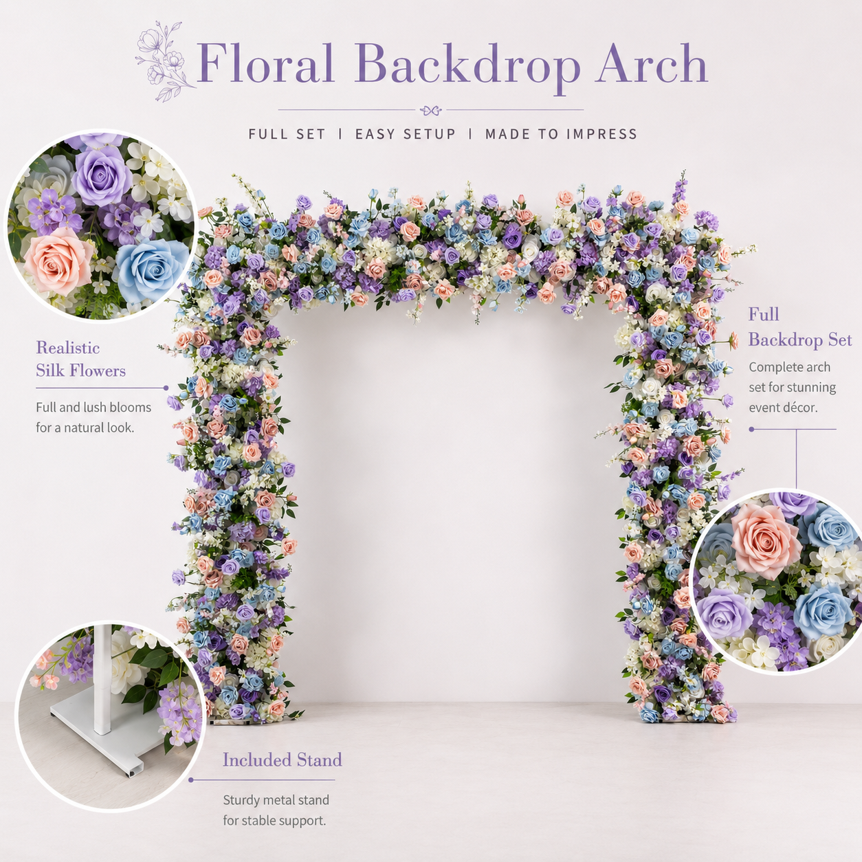 Square Artificial Flower Arch with Stand, 94.5 x 94.5 in, Wedding Backdrop