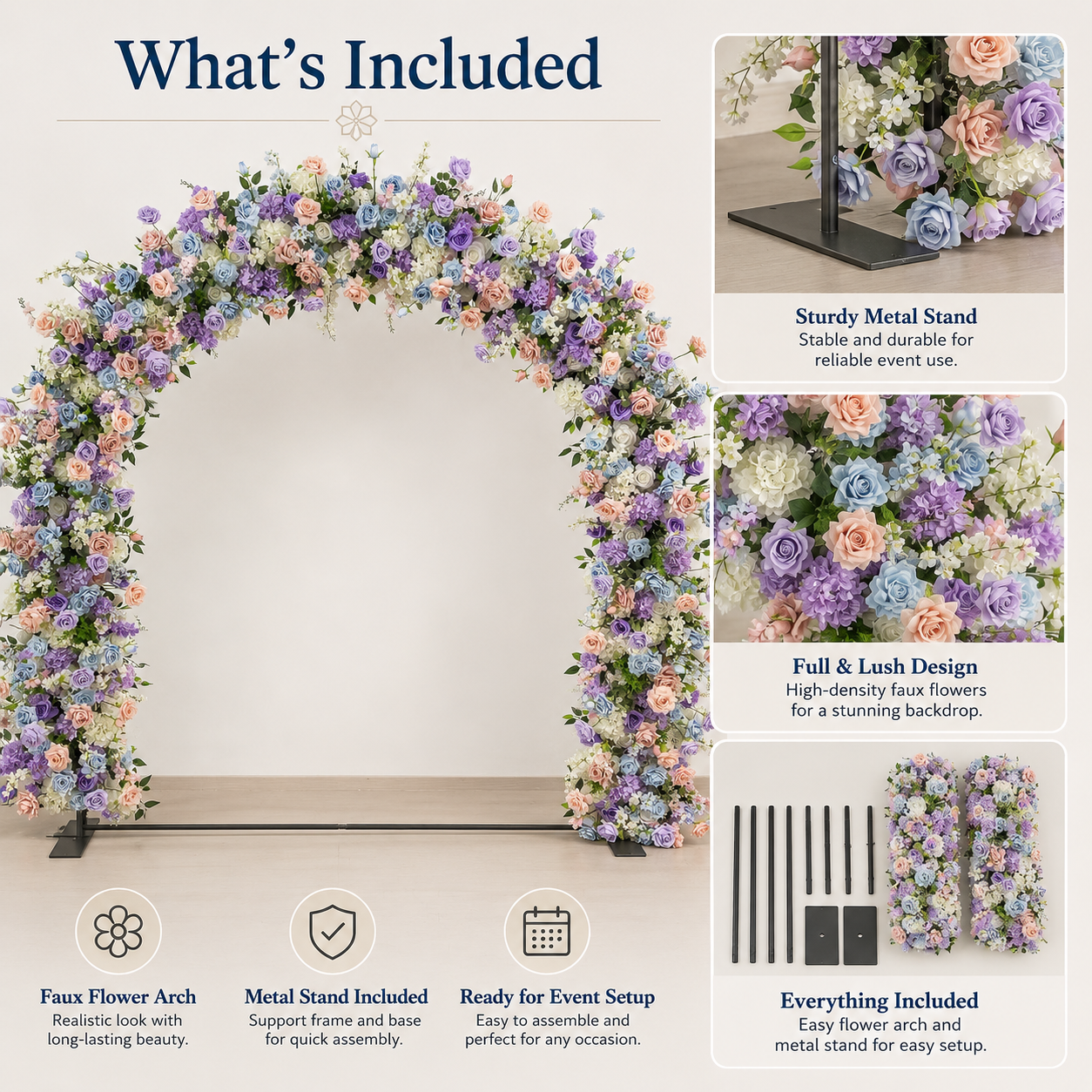 Rounded Artificial Flower Arch with Stand, 94.5 x 94.5 in, Wedding Backdrop