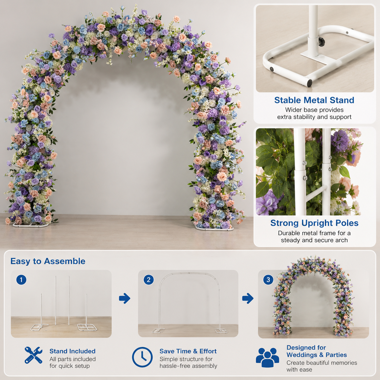 Rounded Artificial Flower Arch with Stand, 94.5 x 94.5 in, Wedding Backdrop