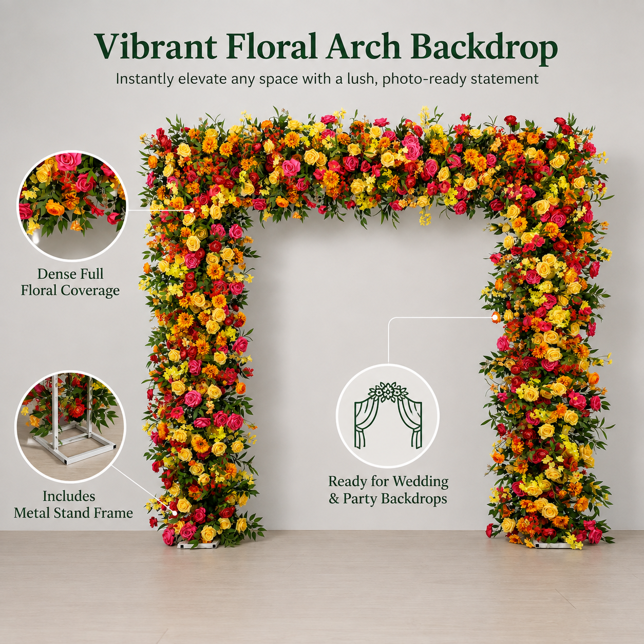 Square Artificial Flower Arch with Stand, 94.5 in, Wedding Backdrop