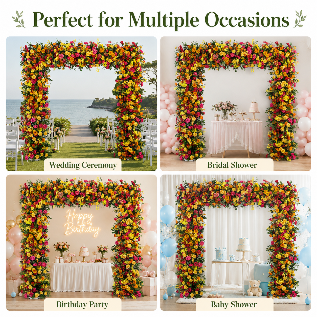 Square Artificial Flower Arch with Stand, 94.5 in, Wedding Backdrop
