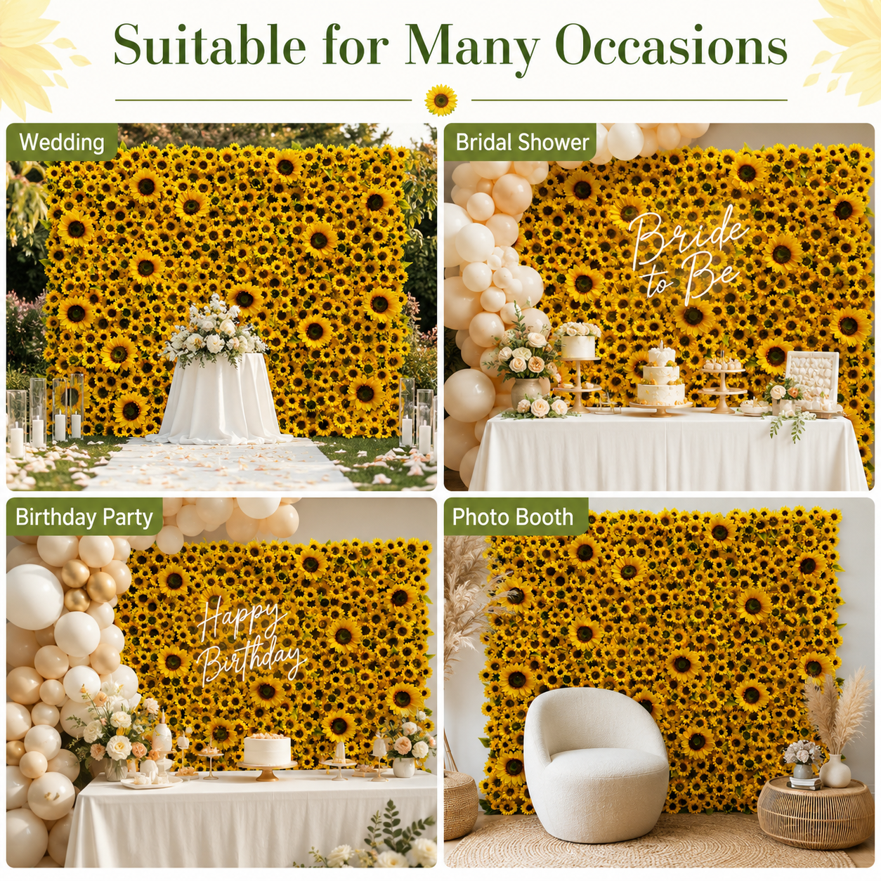 8x8 Ft Artificial Sunflower Flower Wall for Weddings, Parties, No Stand