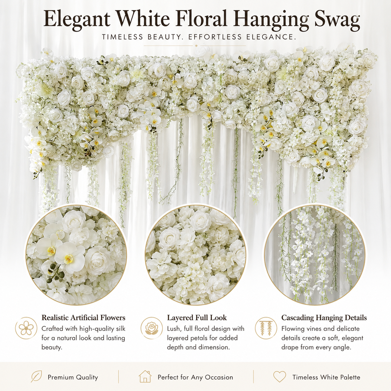 94.5 in Artificial White Rose Floral Swag for Wedding Arch, Flowers Only