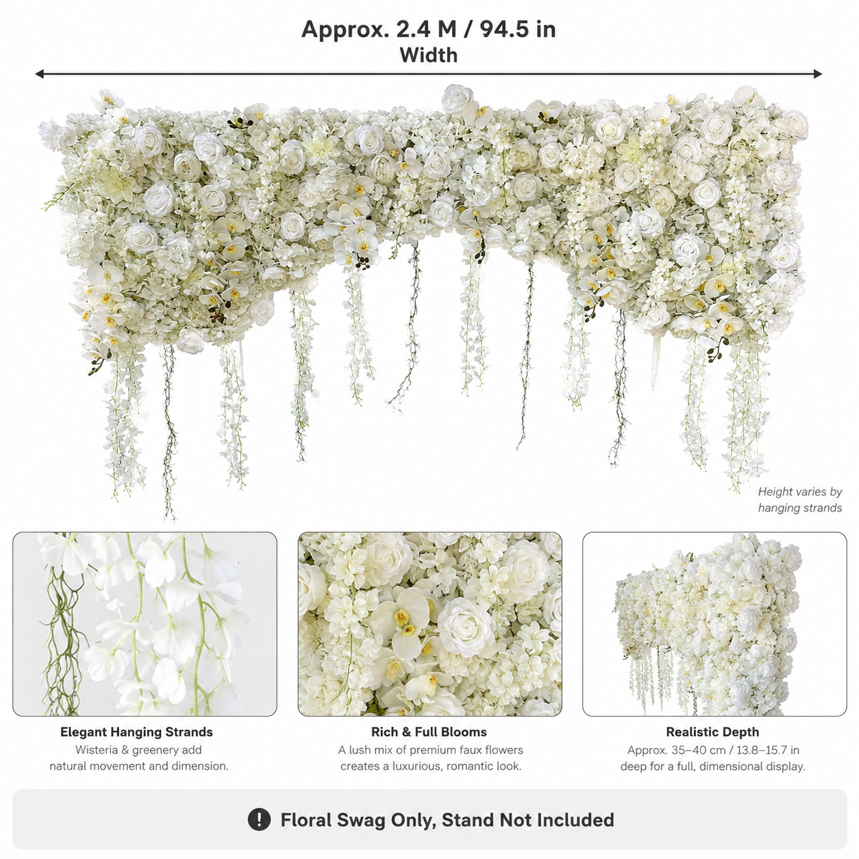 94.5 in Artificial White Rose Floral Swag for Wedding Arch, Flowers Only