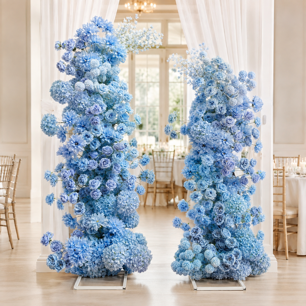 Blue 2-Piece Artificial Flower Columns for Wedding Backdrop, Floral Decor