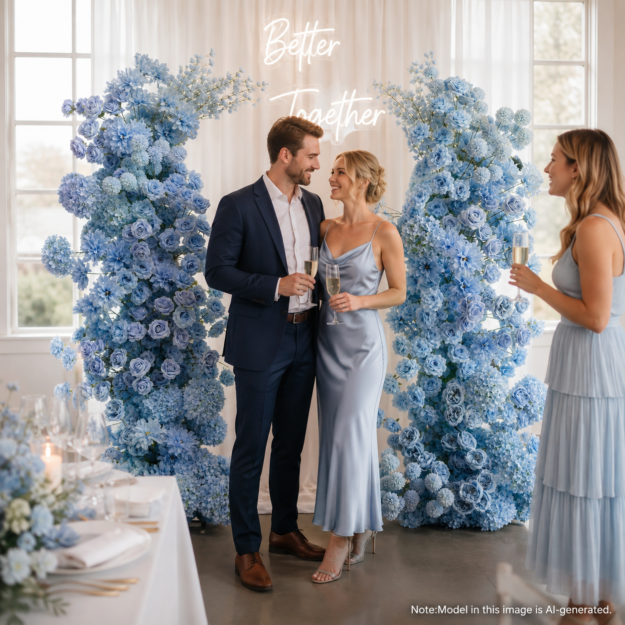 Blue 2-Piece Artificial Flower Columns for Wedding Backdrop, Floral Decor