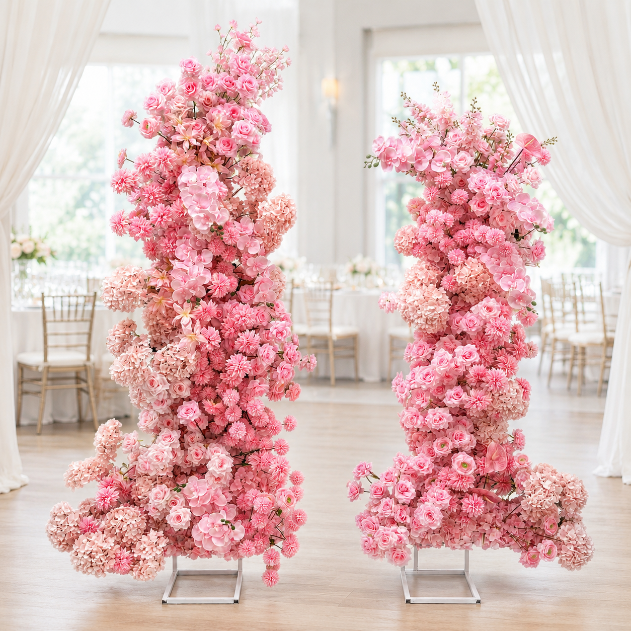 Pink 2-Piece Artificial Flower Columns for Wedding Backdrop, Floral Decor