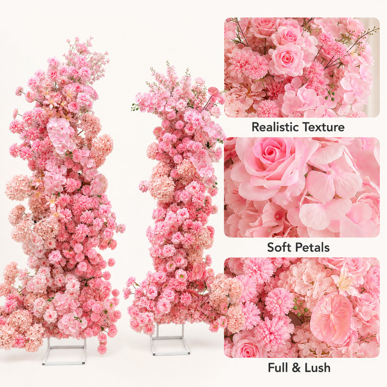 Pink 2-Piece Artificial Flower Columns for Wedding Backdrop, Floral Decor