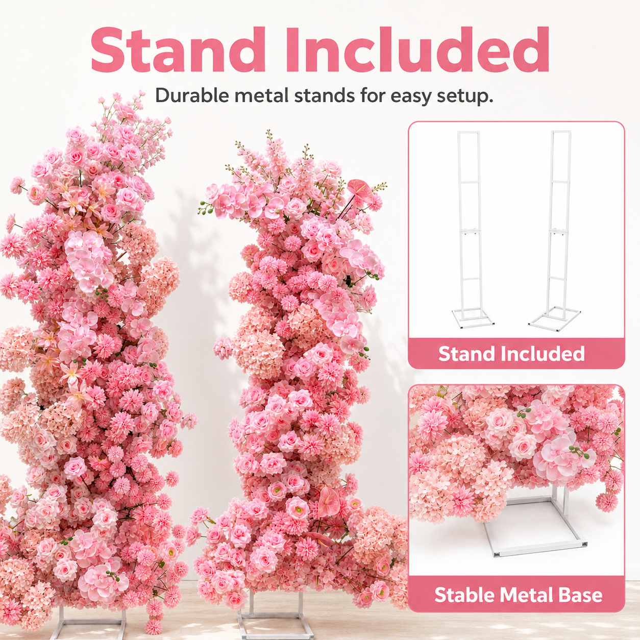 Pink 2-Piece Artificial Flower Columns for Wedding Backdrop, Floral Decor
