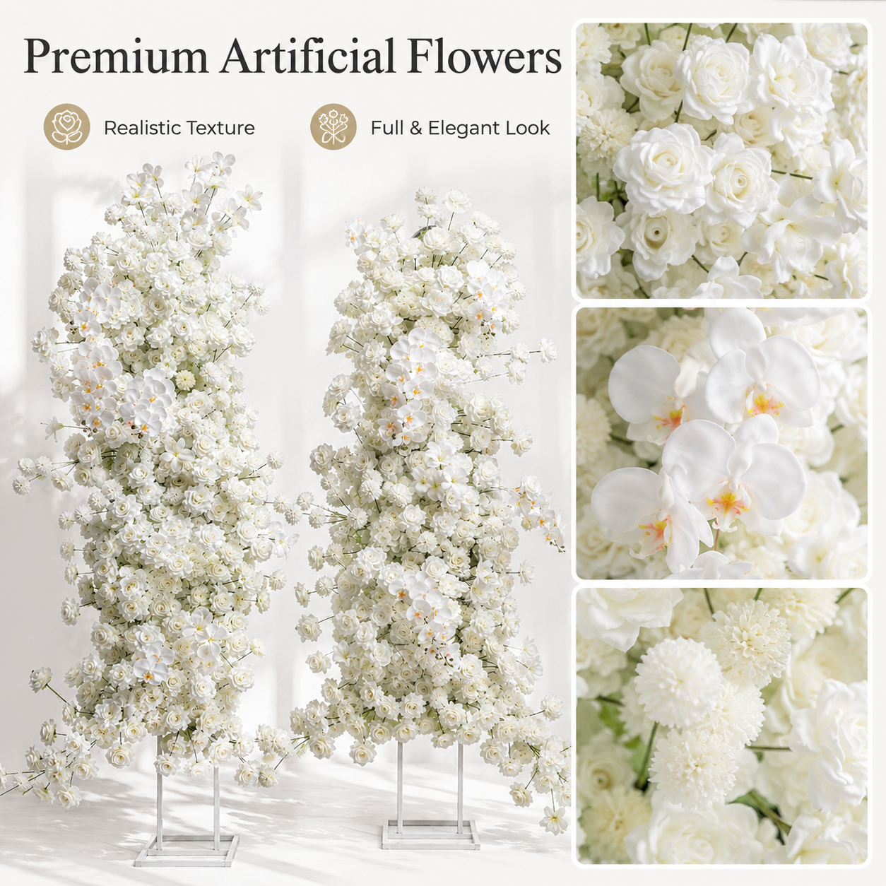 White 2-Piece Artificial Flower Columns for Wedding Backdrop, Floral Decor