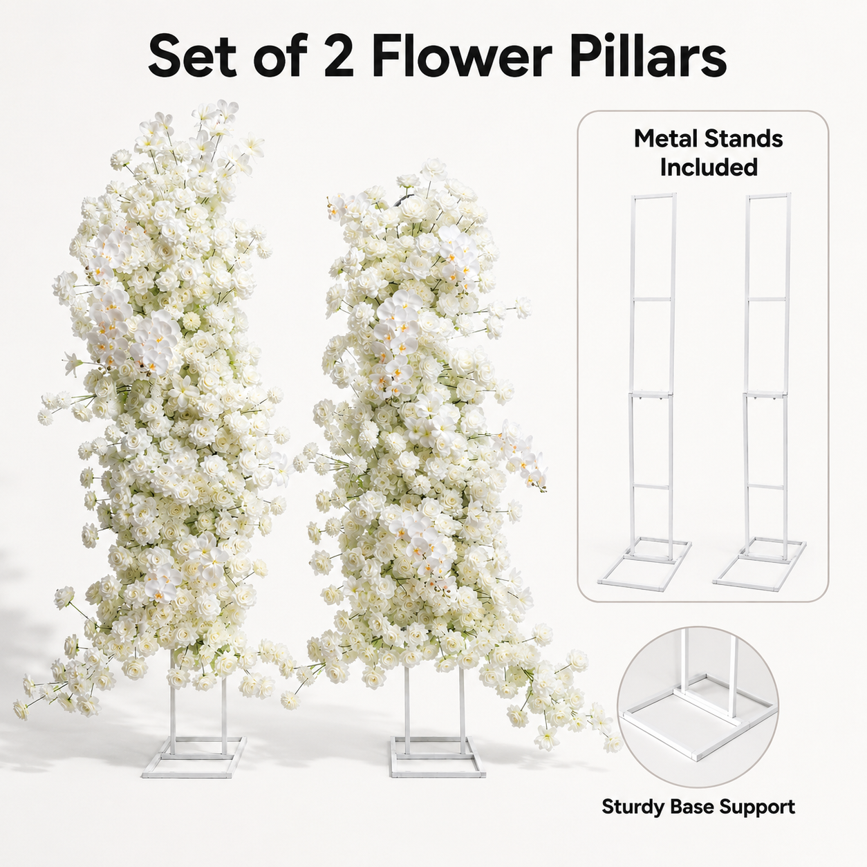 White 2-Piece Artificial Flower Columns for Wedding Backdrop, Floral Decor
