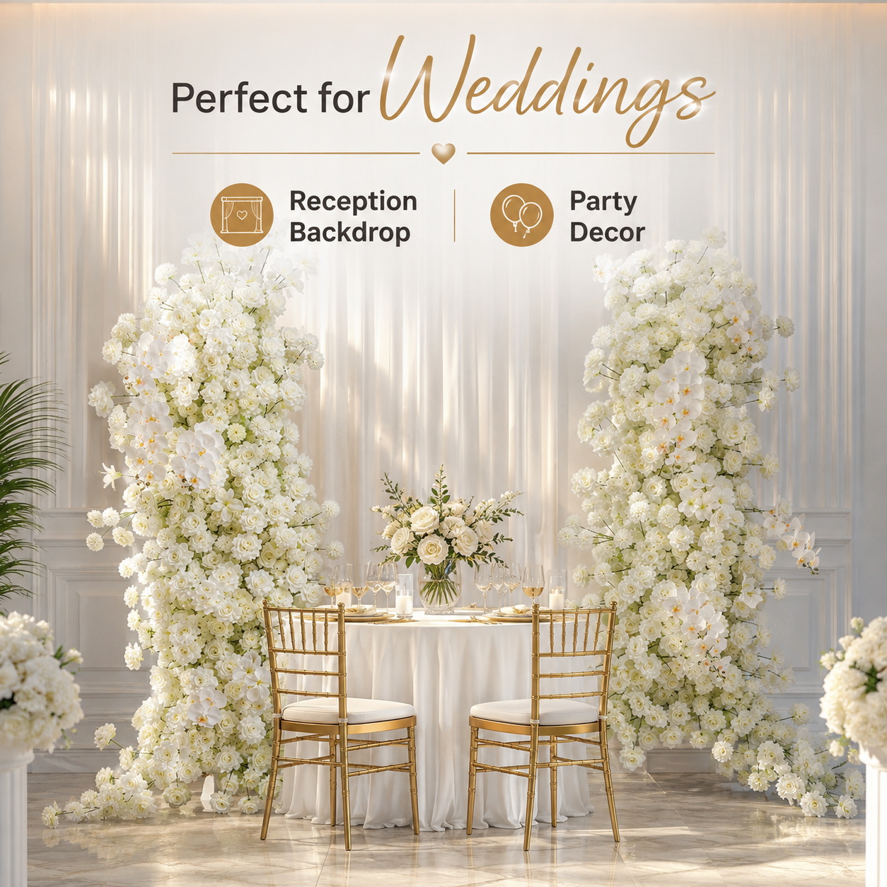 White 2-Piece Artificial Flower Columns for Wedding Backdrop, Floral Decor