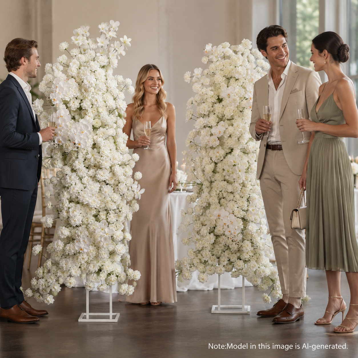 White 2-Piece Artificial Flower Columns for Wedding Backdrop, Floral Decor