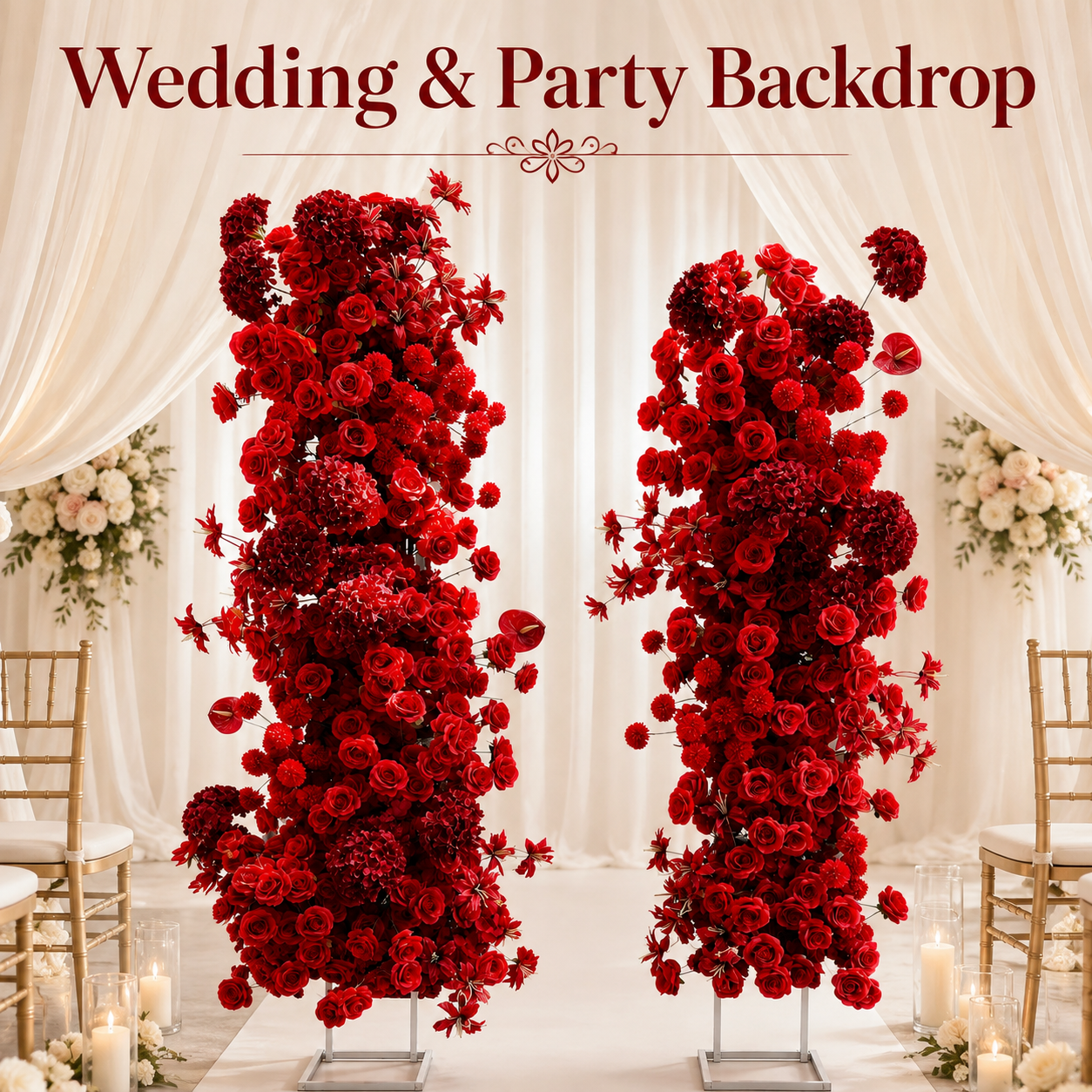 Red 2-Piece Artificial Flower Columns for Wedding Backdrop, Floral Decor