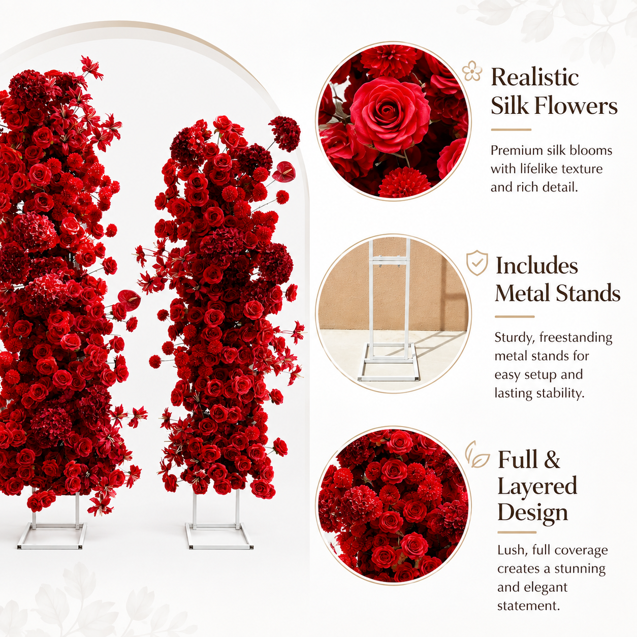 Red 2-Piece Artificial Flower Columns for Wedding Backdrop, Floral Decor