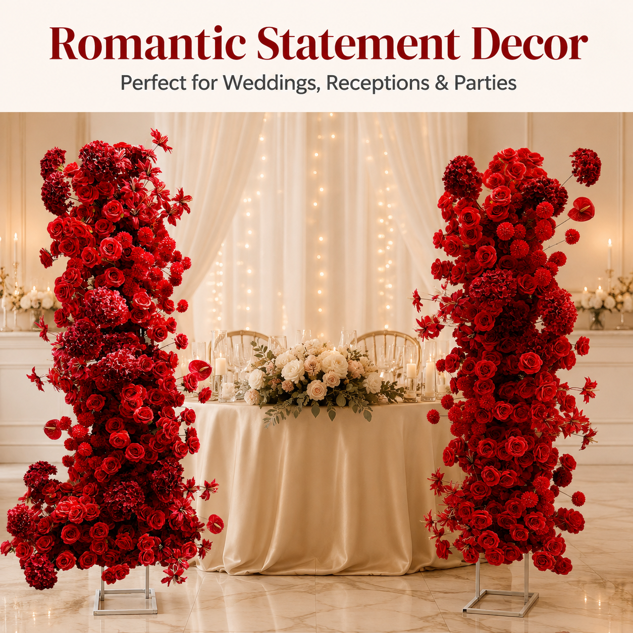 Red 2-Piece Artificial Flower Columns for Wedding Backdrop, Floral Decor