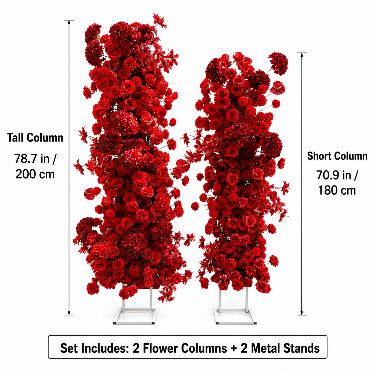Red 2-Piece Artificial Flower Columns for Wedding Backdrop, Floral Decor