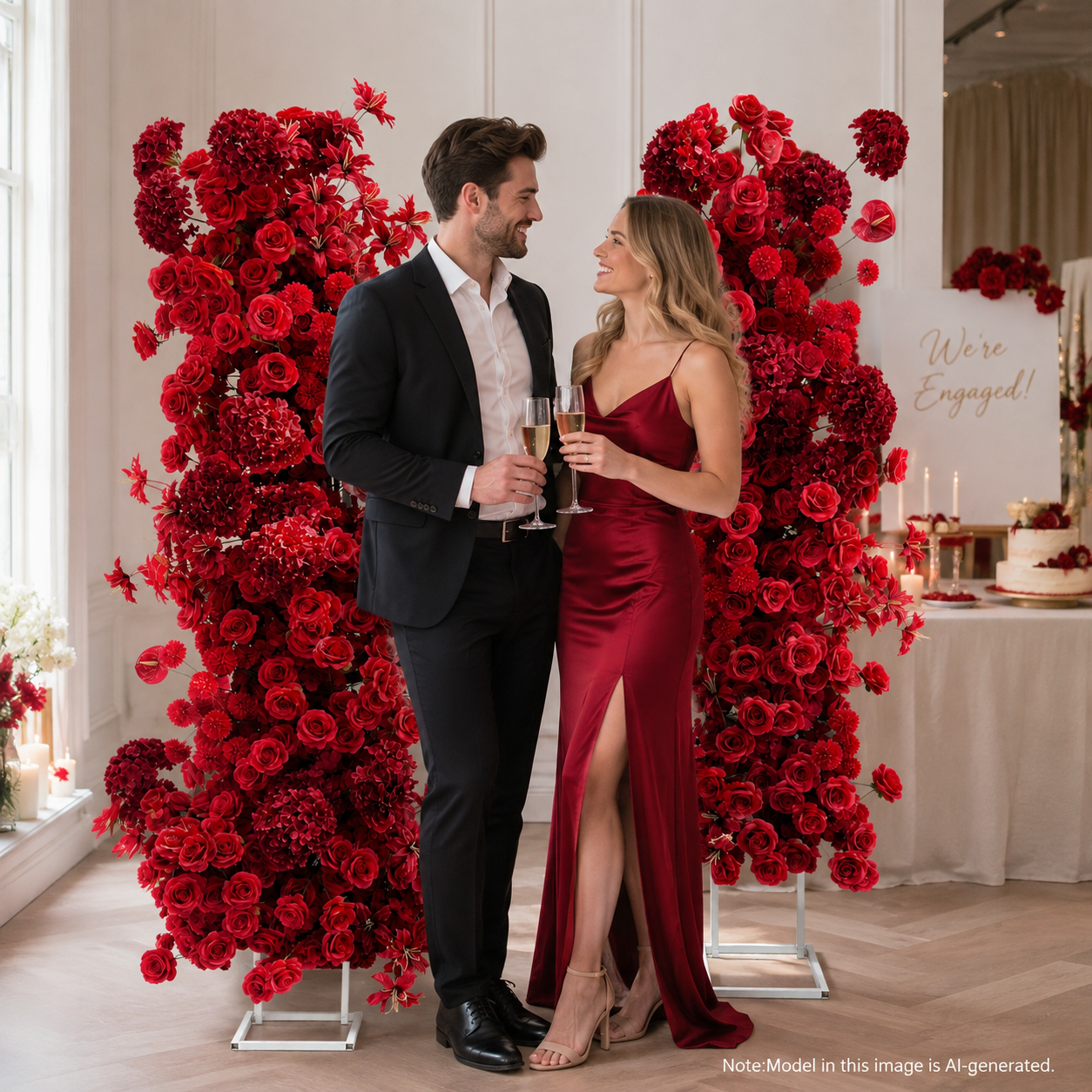 Red 2-Piece Artificial Flower Columns for Wedding Backdrop, Floral Decor
